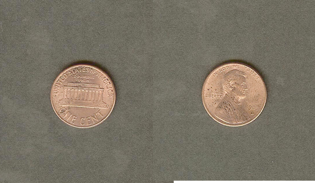 USA 1 cent Lincoln Memorial 1989D mis-strike Unc